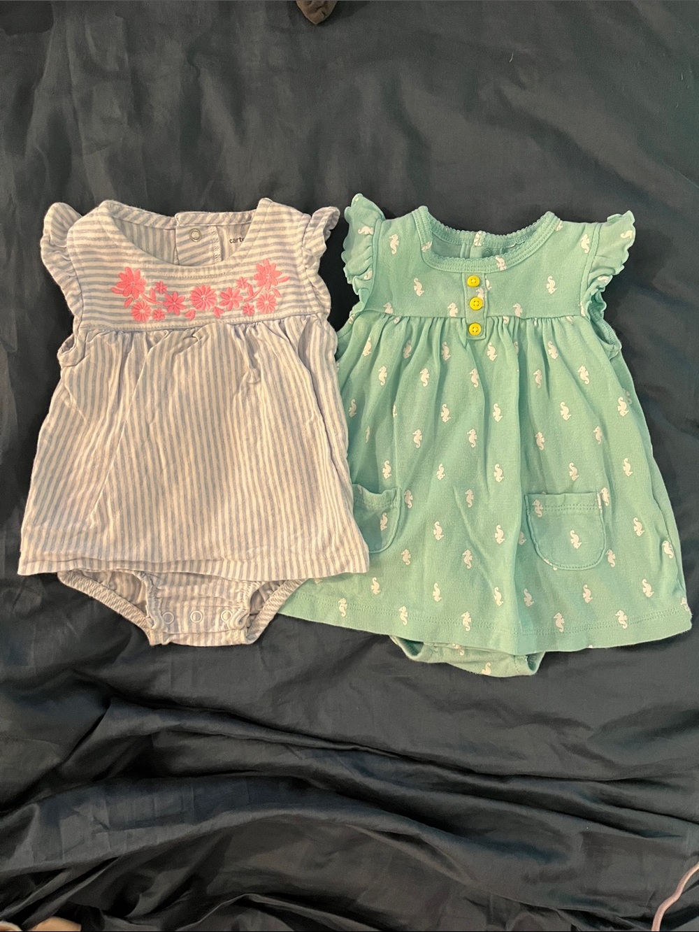 Lot of 2 Carter's Baby Girls 6M Stripe Seahorse Ruffle Accent Bodysuit Dress Set